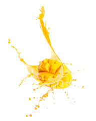 Splash of delicious mango juice on white background