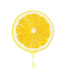 Lemon juice dripping from fruit on white background
