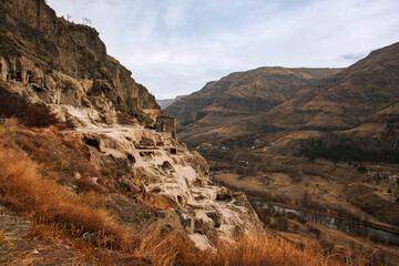 Vardzia Cave Monastery in winter, cave city, famous landmark in Georgia