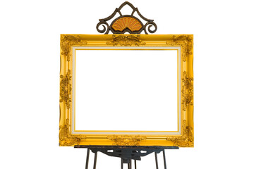 Wooden picture frame Louis golden with easel isolated on white background.