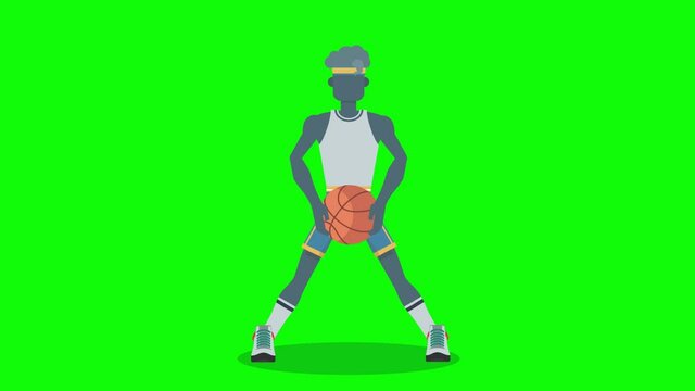 Sportsperson doing exercise with basketball. Cartoon animation video clip in high resolution with green screen background.