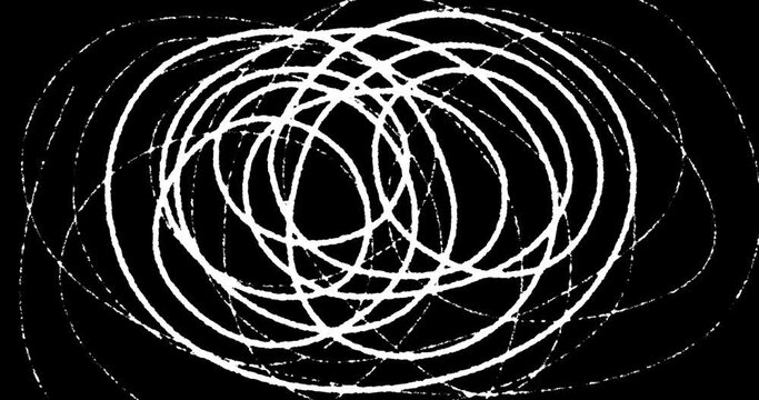 Animation white hand drawn tangle with scrawl, scribble, circles on black. Doodle thread drawing chaotic abstract background. Self drawing animation of line. Stock video 4k for dynamic web design