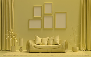 Single color monochrome light yellow color interior room with furnitures and plants,  5 poster frames on the wall, 3D rendering