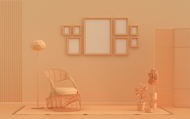 Minimalist living room interior in flat single pastel orange pinkish color with 8 frames on the wall and furnitures and plants, in the room, 3d Rendering
