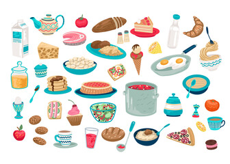 Food icons, food, human food. Tea drinking, pastries, salads, hot dishes, lunch in a cafe. A set of isolated objects on a white background. Vector drawing
