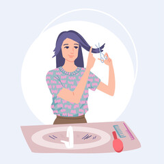 Woman cuts her hair, cuts off her bangs, change her hairstyle, at home, personal care, hair scissors. Vector drawing illustration