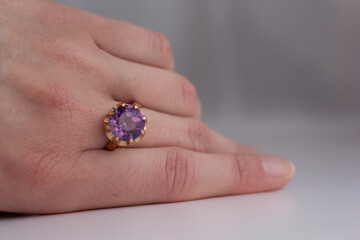 Closeup of a vintage amethyst ring.