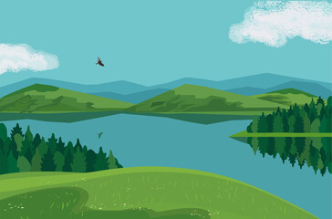 Obraz na płótnie Canvas Forest on mountain river landscape background vector