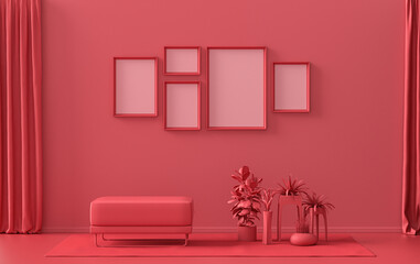 Single color monochrome dark red, maroon color interior room with single chair and plants,  5 poster frames on the wall, 3D rendering