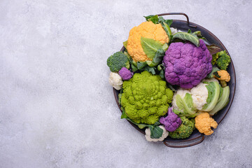 Purple, yellow, white and green color cauliflowers