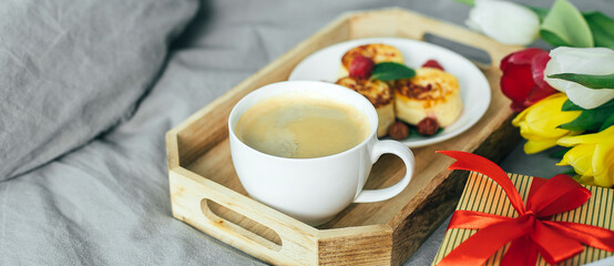 Banner for design. Delicious breakfast. Mother's day, birthday, 8 march, valentines day concept