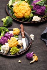 Purple, yellow, white and green color cauliflowers