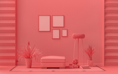 Interior room in plain monochrome light pink, pinkish orange color, 4 frames on the wall with furnitures and plants, for poster presentation, Gallery wall. 3D rendering