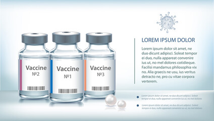 The medical concept with vaccine bottles and virus.  Transparent vector ampoule on blue background