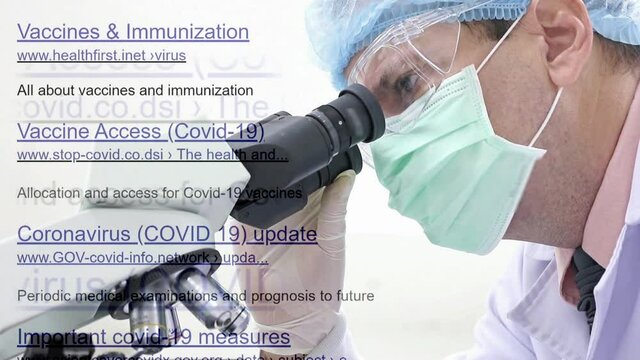The links of imaginary no-existing websites rolls beside a doctor working with a microscope in a laboratory.