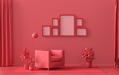 Wall mockup with six frames in solid flat  pastel dark red, maroon color, monochrome interior modern living room with furnitures and plants, 3d rendering