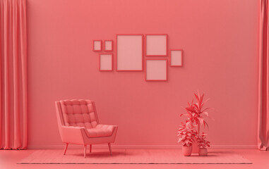 Minimalist living room interior in flat single pastel light pink, pinkish orange color with seven frames on the wall and furnitures and plants, in the room, 3d Rendering