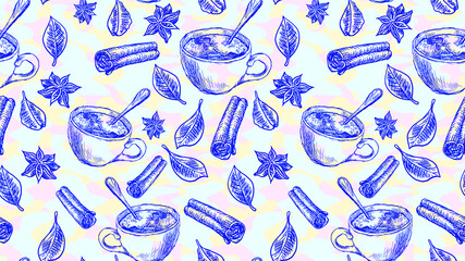 Hand drawn spices and hot drink mug. Coffee, tea, cocoa, cloves, cinnamon, leaves. Vector seamless pattern with sketches like on a chalkboard or a sheet of colored paper