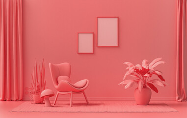 Double Frames Gallery Wall in light pink, pinkish orange color monochrome flat room with furnitures and plants, 3d Rendering