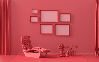 Wall mockup with six frames in solid flat  pastel dark red, maroon color, monochrome interior modern living room with meditation bed and plants, 3d rendering