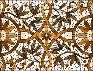 Illustration in stained glass style with abstract flowers, swirls and leaves  on a light background,horizontal orientation, sepia