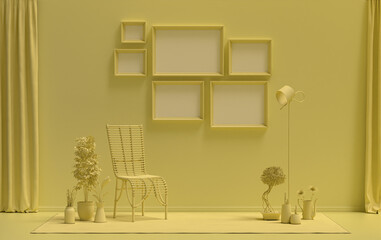 Wall mockup with six frames in solid flat  pastel light yellow color, monochrome interior modern living room with furnitures and plants, 3d rendering