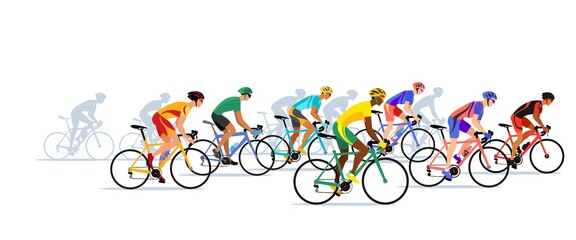 Crowd bike racers. Professional cyclists colorful vector illustration. - obrazy, fototapety, plakaty