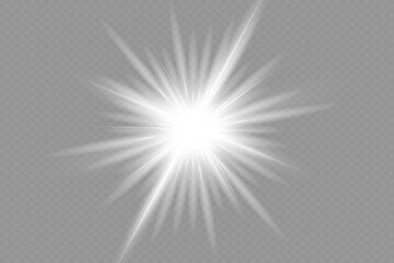 White glowing light burst explosion with transparent. Vector illustration for cool effect decoration with ray sparkles. Bright star. Transparent shine gradient glitter, bright flare. Glare texture.
