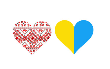 Heart from red-black embroidery and yellow blue heart like ukrainian flag on a white background. Embroidery vyshyvanka Day 2021. Love Ukraine. Copy space