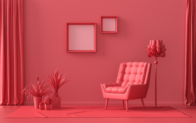 Gallery wall with 2 frames, in monochrome flat single dark red, maroon color room with furnitures and plants,  3d Rendering