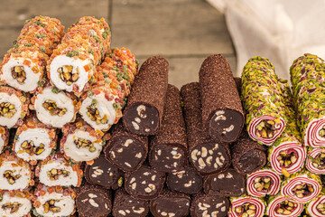 Variety of Turkish signature local foods known as Turkish Delight available for sale mostly in all areas in Turkey country