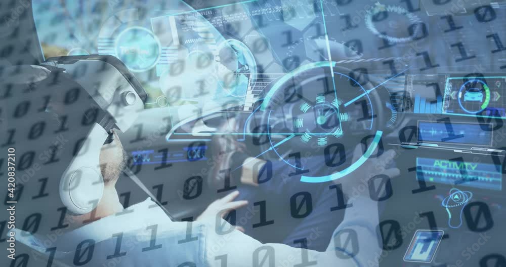 Aufkleber binary coding data processing against man wearing vr headset sitting in self driving car
