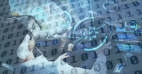 Binary coding data processing against man wearing vr headset sitting in self driving car