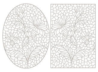 Set of contour illustrations in stained glass style with abstract flowers, dark outlines on a white background