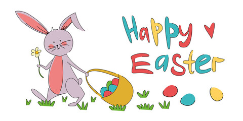 Happy Easter greeting card. A rabbit with a basket of colorful eggs is walking through the clearing.