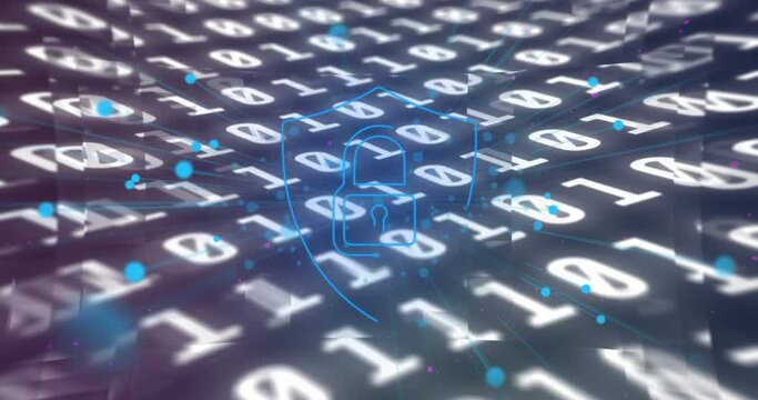 Security padlock icon against binary coding data processing on grey background