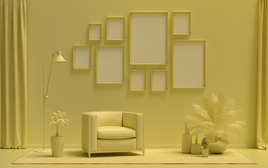 Modern interior flat light yellow color room with furnitures and plants, gallery wall template with 9 frames on the wall for poster presentation, 3d Rendering