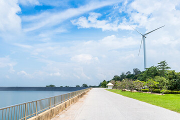 Walkway between Wind Turbine beside Lam Takong Reservoir View.