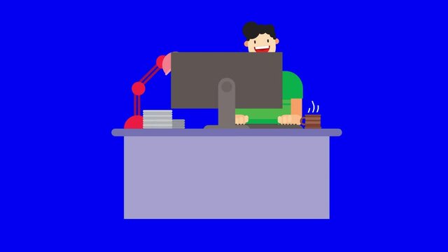 Young male professional using computer sitting at home office desk. Animated video clip in high resolution with blue screen background.