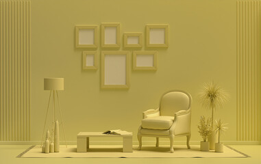 Mock-up poster gallery wall with 7 frames in solid pastel light yellow room with furnitures and plants, 3d Rendering