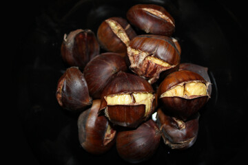 background, baked, baked chestnut, black, brown, chestnut, chestnuts, closeup, cook, cooking, crust, dark, dark background, delicious, delicious food, dessert, drawn, focus, food, fresh, fried, health