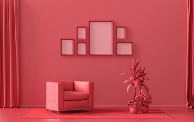 Wall mockup with six frames in solid flat  pastel dark red, maroon color, monochrome interior modern living room with single chair and plants, 3d rendering