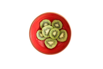 Cut kiwis in orange bowl on  white background