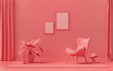 Double Frames Gallery Wall in light pink, pinkish orange color monochrome flat room with furnitures and plants, 3d Rendering