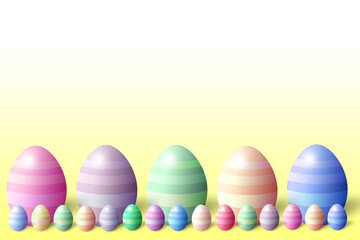 bottom row of 3d pastel colored easter eggs yellow background and 5 big eggs illustration