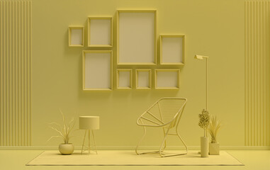 Minimalist living room interior in flat single pastel light yellow color with 8 frames on the wall and furnitures and plants, in the room, 3d Rendering