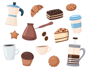 A set of sweets in a cartoon style. Vector illustration of cute coffee desserts. Isolated on white background