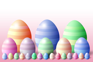 pink easter holiday background with many 3d painted striped eggs in various sizes