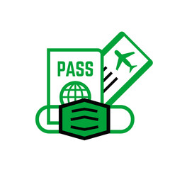 Passport, fly ticket and protective mask. Travel 