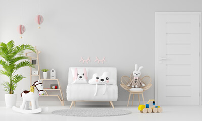 White sofa in child room with copy space, 3D rendering